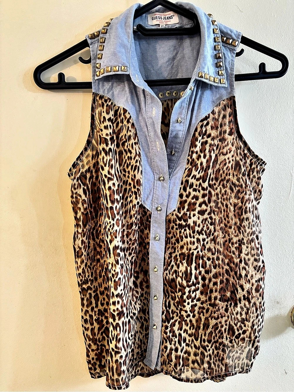 GUESS Jeans Leopard Print Studded Denim Blouse Size XS